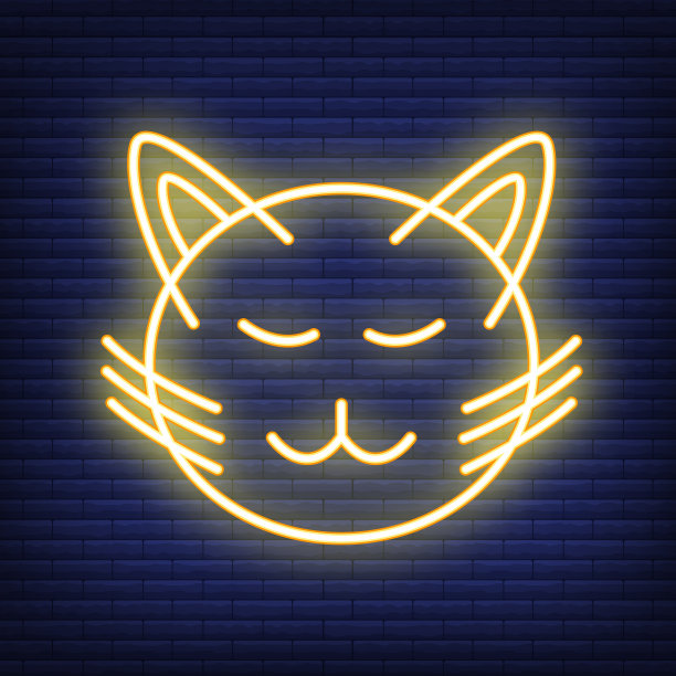 猫脸霓虹图标。医疗保健和宠物护理的概念。轮廓和黑色家畜。简单的矢量图上的黑色砖。图片下载