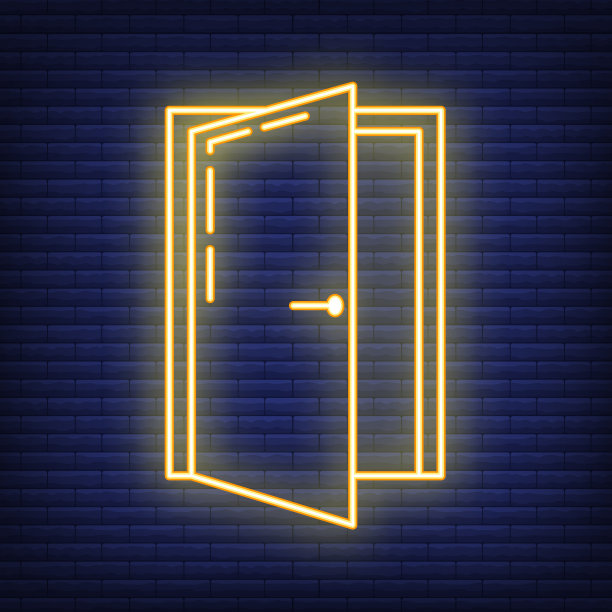 入口霓虹门道修家图标，房屋装修概念线平面矢量插图，孤立在黑色砖墙上。图片下载