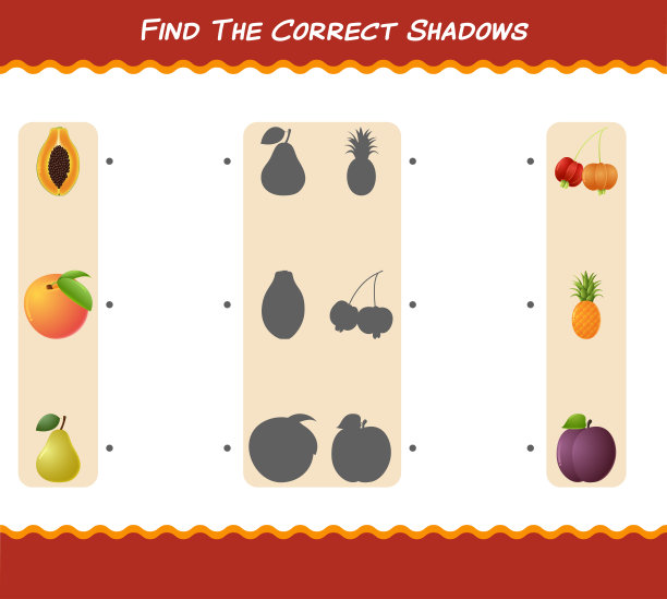 找到正确的卡通水果阴影。搜索和匹配游戏。学前儿童和学步儿童的教育游戏图片下载