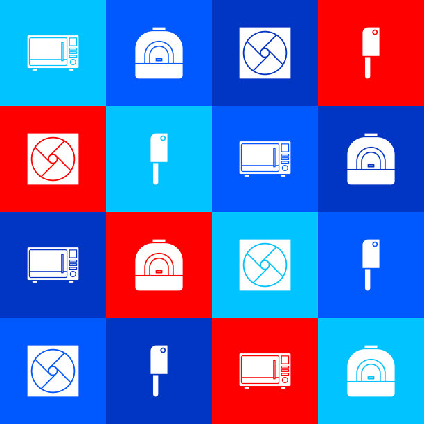 设置微波炉，烤箱，通风和肉类直升机图标。向量图片下载