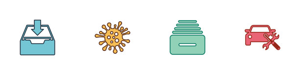 设置下载收件箱，细菌，抽屉与文件和汽车服务图标。向量图片下载