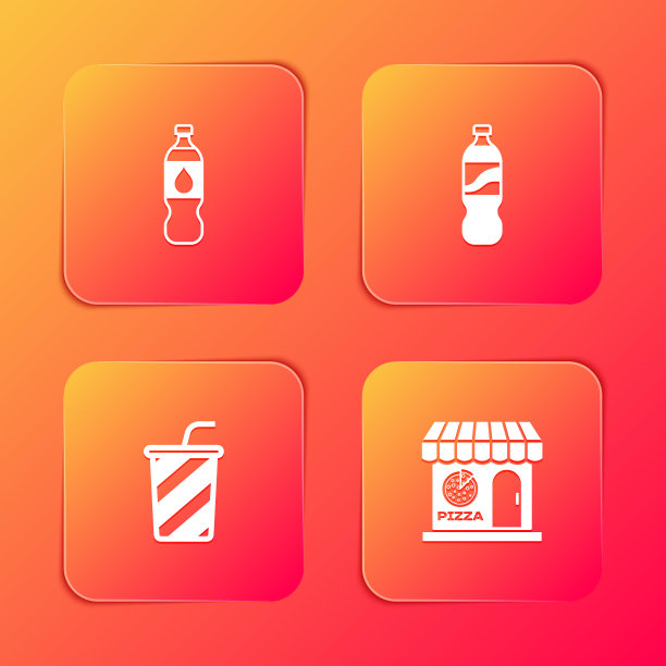 Set Bottle of water，， Glass with and Pizzeria building facade icon。向量图片下载