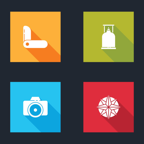 设置瑞士军刀，露营煤气炉，相机和风玫瑰图标。向量图片下载