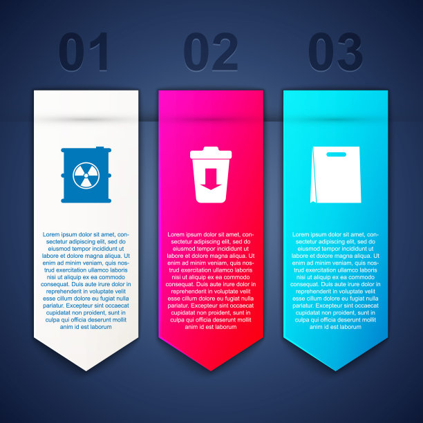 将放射性废物放入桶内，送到垃圾袋和购物袋。业务信息模板。向量图片下载