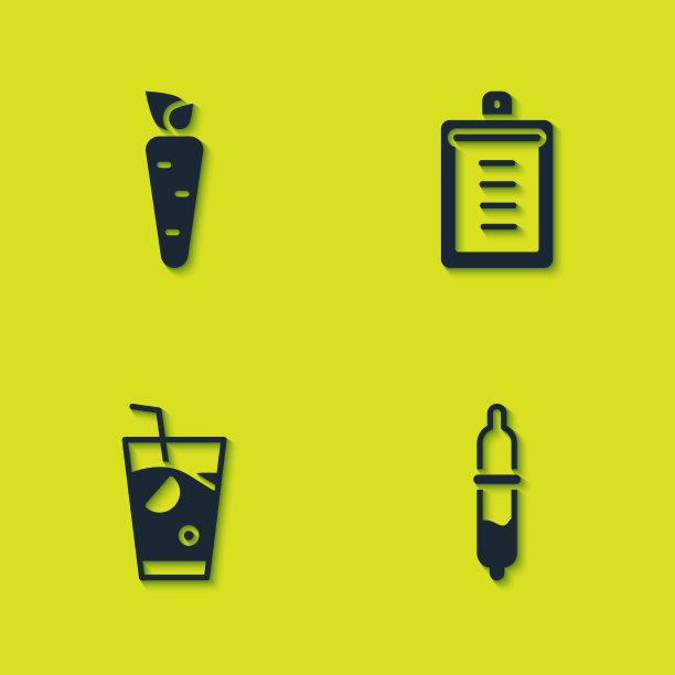 设置胡萝卜，移液管，新鲜冰沙和剪贴板与检查表图标。向量图片下载