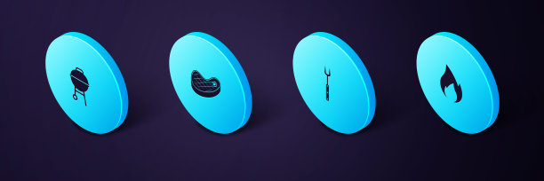 设置等距火火焰，烧烤叉，牛排肉和烧烤图标。向量图片下载