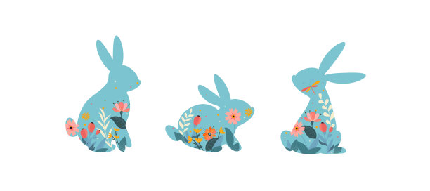 复活节快乐插图与兔子，兔子装饰花图片下载