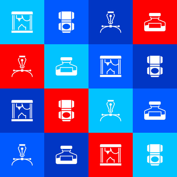 设置3D打印机，纸板箱，钢笔笔尖和墨水瓶图标。向量图片下载