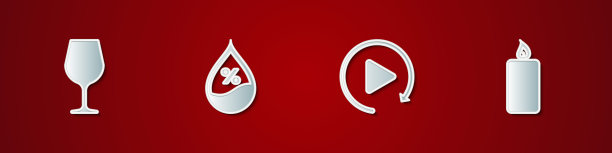 设置酒杯，水滴百分比，视频播放按钮和燃烧的蜡烛图标。向量图片下载