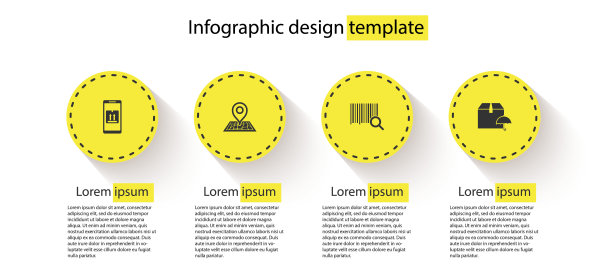 设置移动应用程序跟踪，占位符在地图上，搜索条形码和递送包裹伞。业务信息模板。向量图片下载