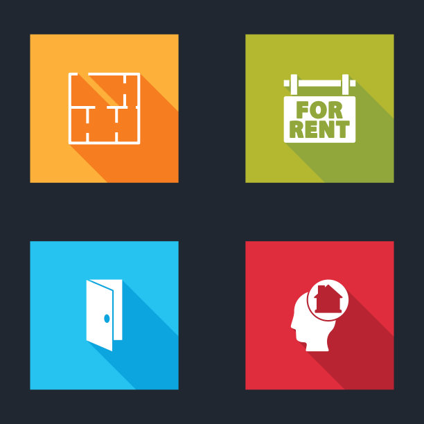 设定房子的计划，挂着出租的标志，关闭的门和男人梦想买房子的图标。向量图片下载