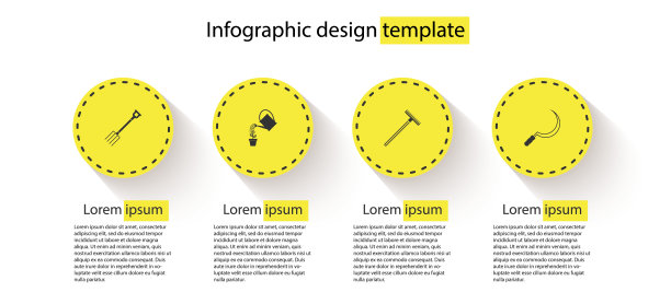 设置花园干草叉，喷壶，耙子和镰刀。业务信息模板。向量图片下载