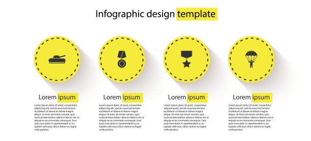 设置军事坦克，奖励奖章，降落伞。业务信息模板。向量图片下载