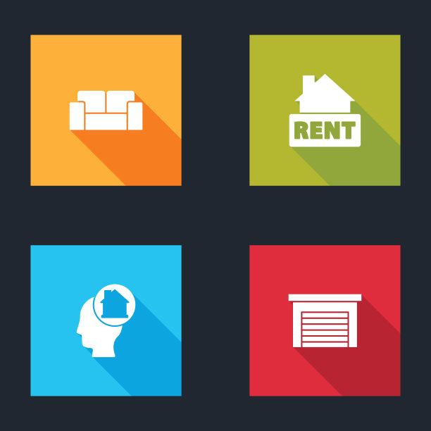 Set Sofa, Hanging sign with Rent, Man dreaming about buying house and Garage图标。向量图片下载