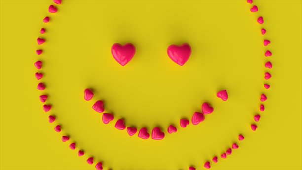 落下来的红心在黄色的背景上形成一个微笑的表情。三维演示图片下载