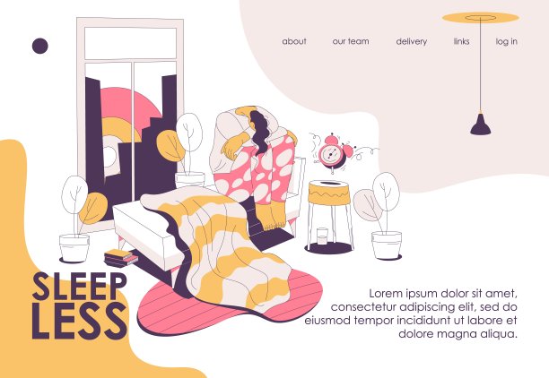 登陆页面模板为睡眠不足的人遭受失眠。不眠之夜的女人和用粉色和黄色绘制的闹钟铃声图片下载