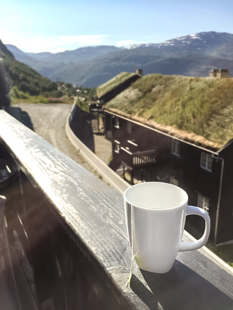 白色茶杯置于木制阳台栏杆上，俯瞰清晨阳光下的山脉和夏季景观图片下载