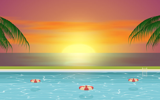 日落时海滩上的风景游泳池图片下载