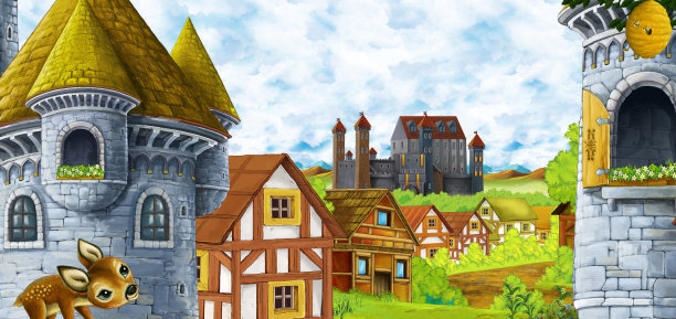 有王国城堡、高山、山谷、森林和农场的卡通场景图片下载