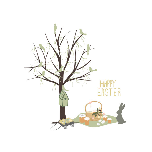 复活节野餐树下的丝带和鸟。图片下载