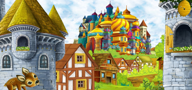 有王国城堡、高山、山谷、森林和农场的卡通场景图片下载