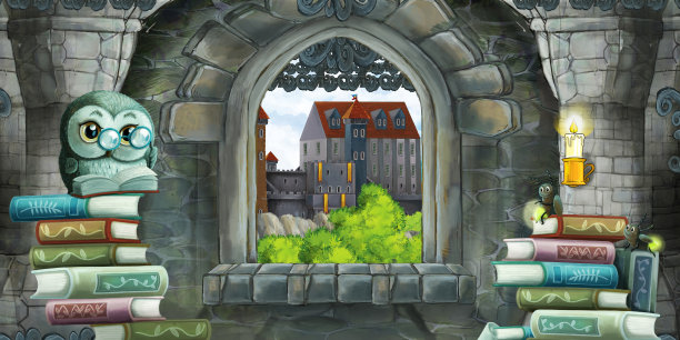 中世纪城堡内部的卡通场景与其他城堡插图的窗口视图图片下载