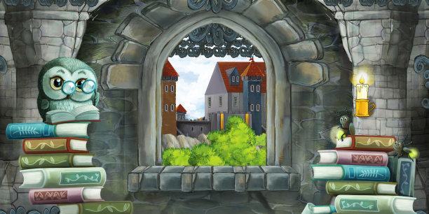 中世纪城堡内部的卡通场景与其他城堡插图的窗口视图图片下载