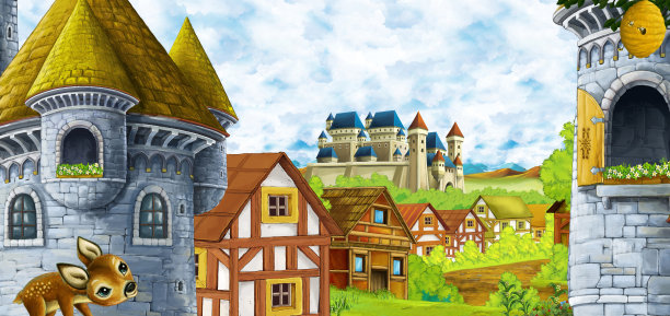 有王国城堡、高山、山谷、森林和农场的卡通场景图片下载