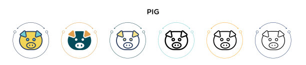 猪图标在填充细线轮廓和描边图片下载