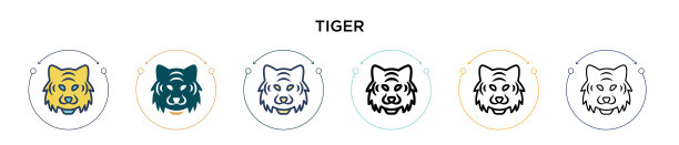 老虎图标在填充细线轮廓和描边图片下载