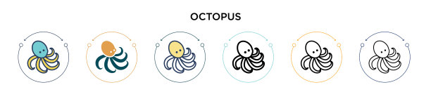 章鱼图标在填充细线和轮廓线图片下载