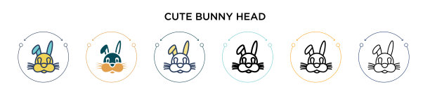 可爱的兔子头图标在填充细线轮廓图片下载