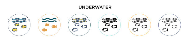 水下图标在填充细线轮廓和图片下载