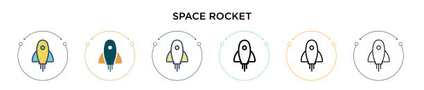 太空火箭图标在填充细线轮廓和图片下载