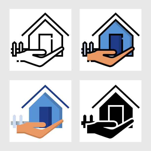 房地产与手的图标矢量设计填充，细线，轮廓和扁平的风格。图片下载