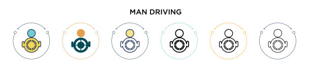 男子驾驶图标在填充细线轮廓和图片下载