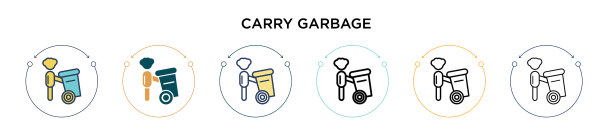 携带垃圾图标在填充细线轮廓图片下载