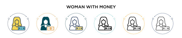 女人与金钱的图标在填充细线轮廓图片下载