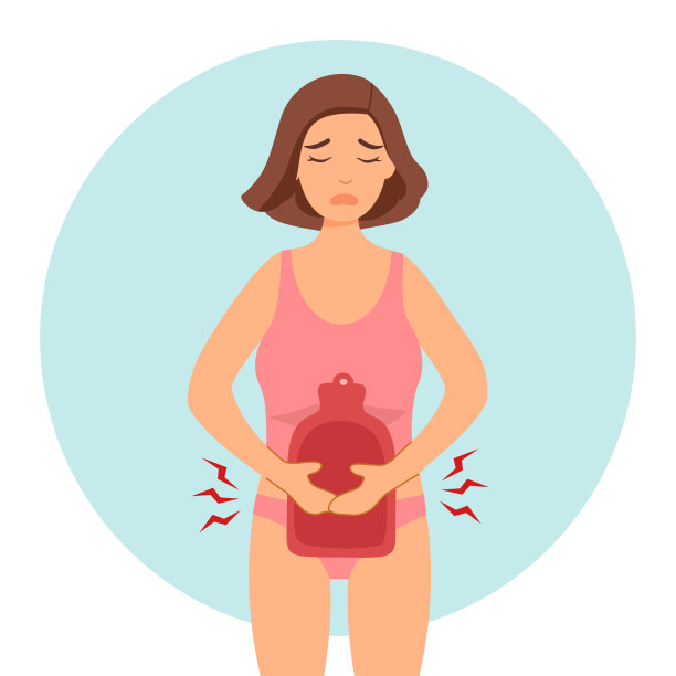 有月经痛的女人。痛经。女性用热水袋止痛。图片下载