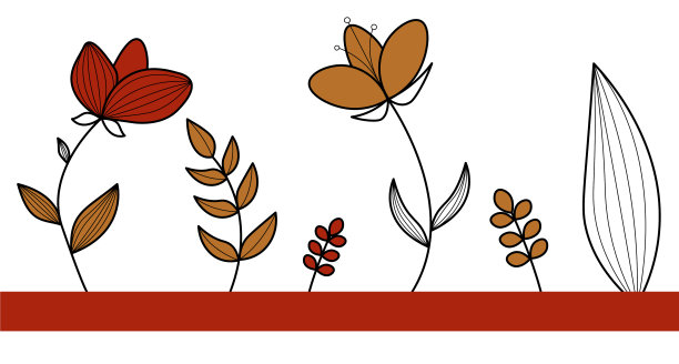 美丽的叶子和花在涂鸦线风格。适用于背景。Brown-gold色调。元素是孤立的。图片下载