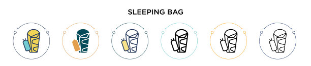睡袋图标在填充细线轮廓和图片下载