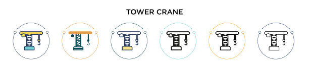 塔吊图标以细线填充轮廓和轮廓图片下载