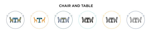 椅子和桌子图标在填充细线轮廓图片下载