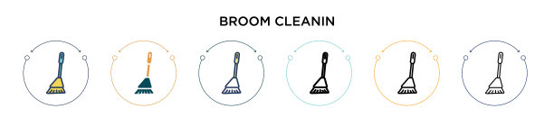 扫把清洁图标在填充细线轮廓图片下载