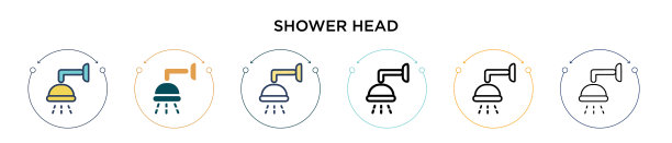 淋浴喷头图标在填充细线轮廓和图片下载