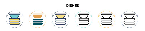 菜肴图标在填充细线轮廓和图片下载