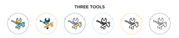 三个工具图标在填充细线和轮廓线图片下载