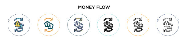 填充细线条轮廓中的资金流向图标图片下载