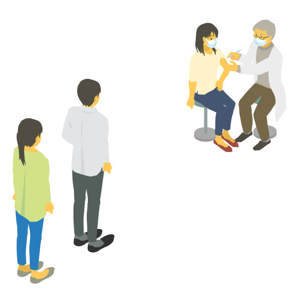 医生和年轻妇女接种疫苗和等待接种的人的媒介插图图片下载