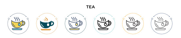 茶图标在填充细线轮廓和笔划图片下载